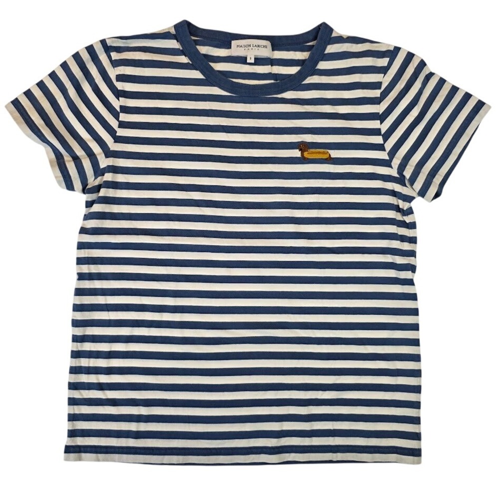 Maison Labiche Womens S Hot Dog Dachshund Embroidered T-Shirt Blue White Striped